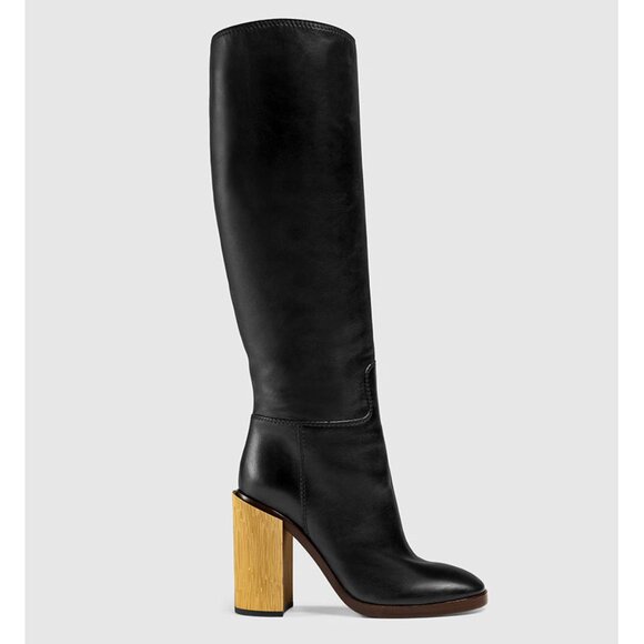 GUCCI TALL BOOTS BLACK LEATHER GOLD HIGH HEEL sz IT 39.5 / US 9.5 - Picture 1 of 13